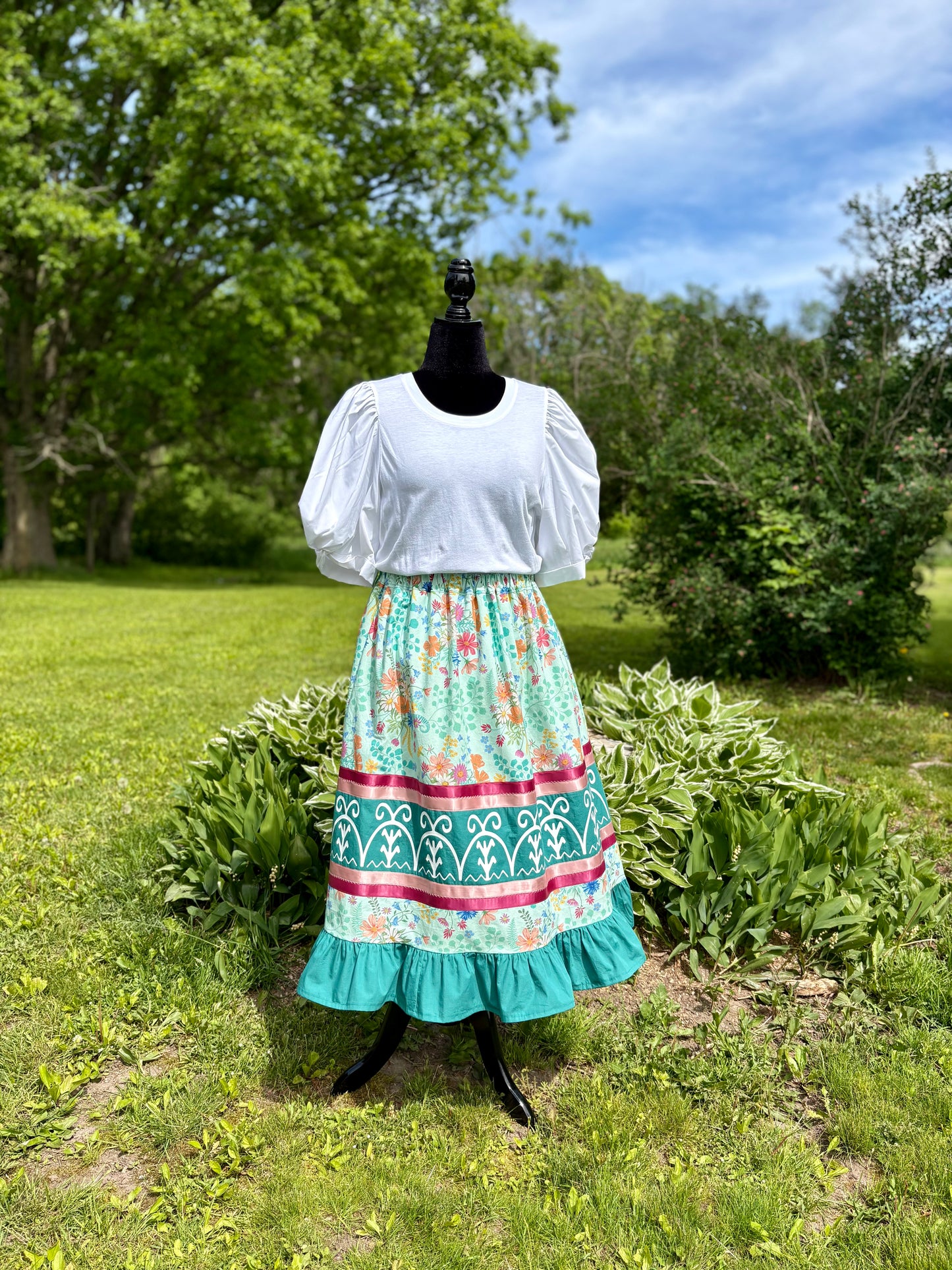 Fits up to 2x—Haudenosaunee Inspired Ribbon Skirt with Ruffle