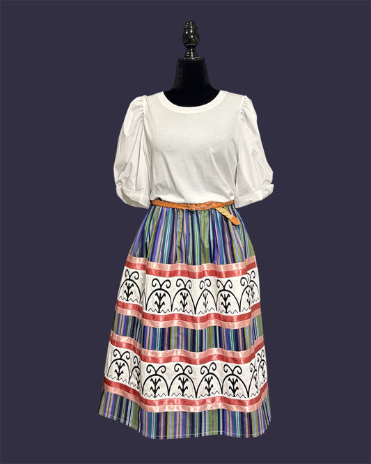 Fits up to 2x— Haudenosaunee Inspired Double Row Ribbon Skirt— corn mounds/ sky domes